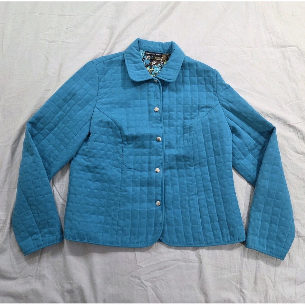 Briggs New York Quilted Jacket Blue Snap Button Floral Lined Sz 16 Women's Coat